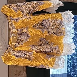 Yellow flowery blouse with crochet trim